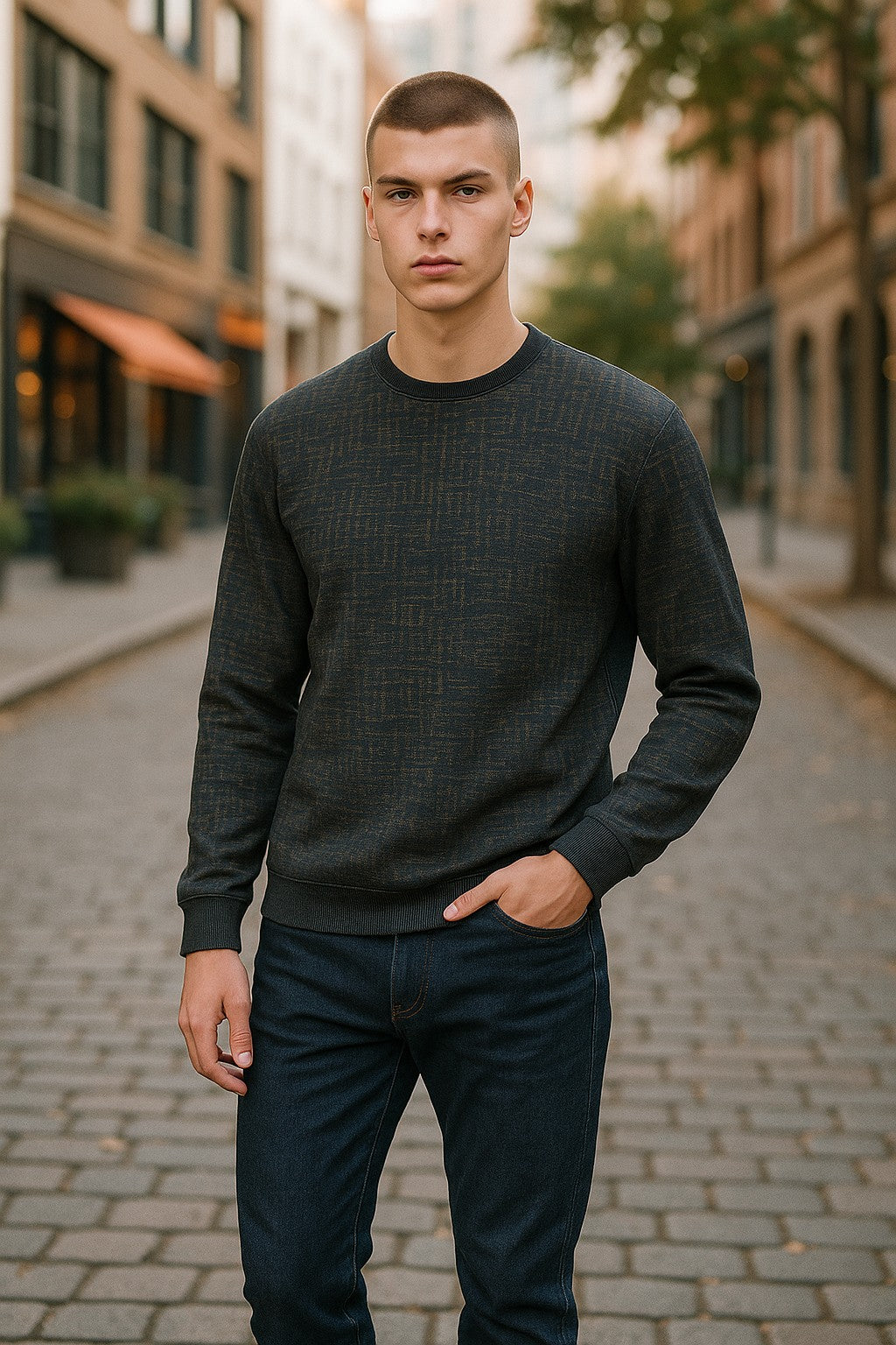 Elevate your style with our Marcello Carmel Crew Neck Pullover.