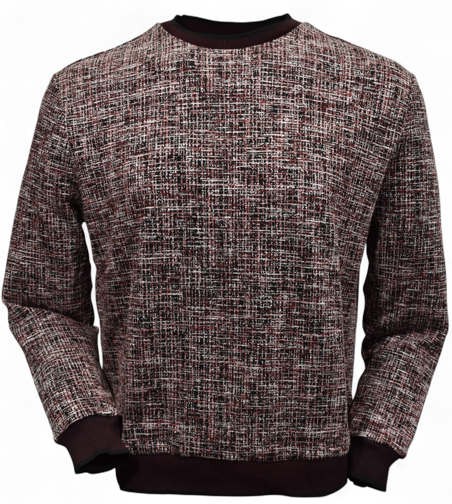 This classic crew neck sweater features a rich combination of ruby red, ivory and black, sweater by Marcello