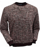 This classic crew neck sweater features a rich combination of ruby red, ivory and black, sweater by Marcello