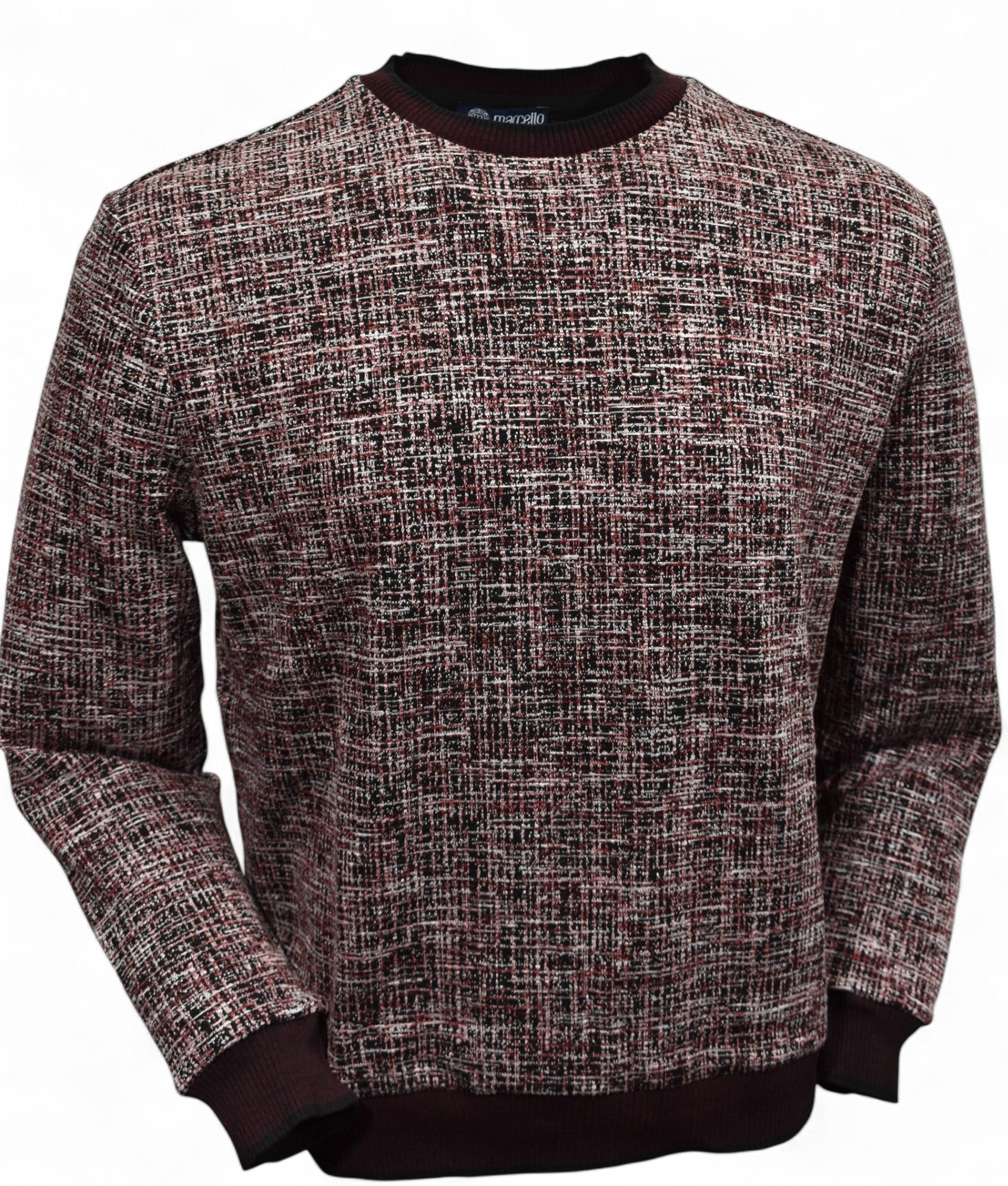 This classic crew neck sweater features a rich combination of ruby red, ivory and black, sweater by Marcello
