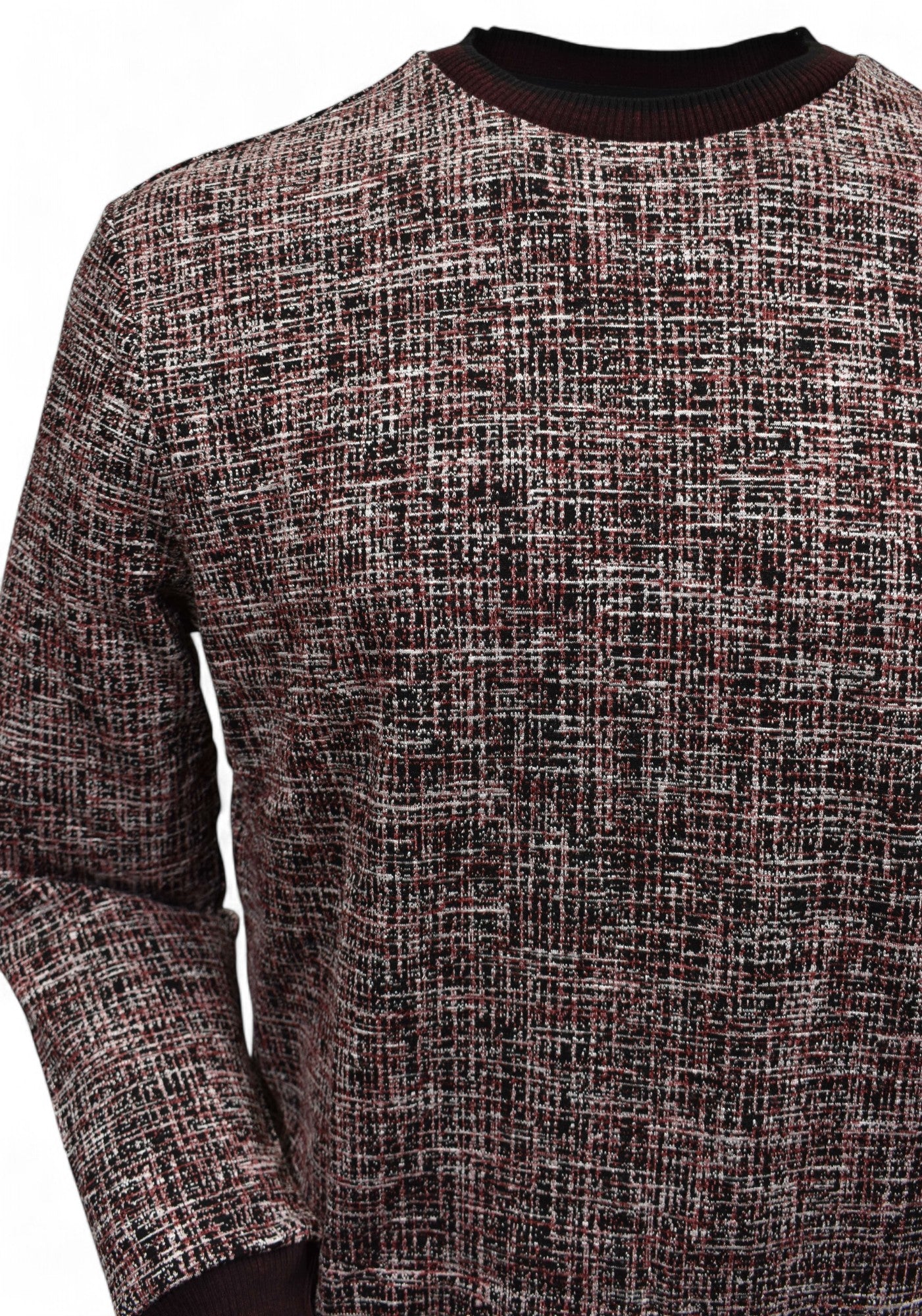 This classic crew neck sweater features a rich combination of ruby red, ivory and black, sweater by Marcello