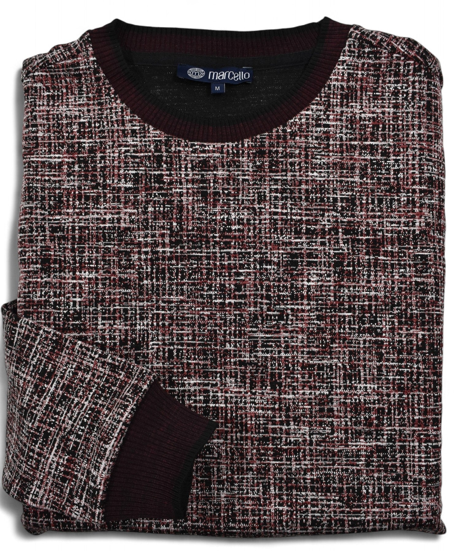 This classic crew neck sweater features a rich combination of ruby red, ivory and black, sweater by Marcello