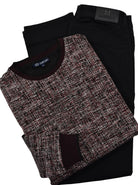 This classic crew neck sweater features a rich combination of ruby red, ivory and black, sweater by Marcello