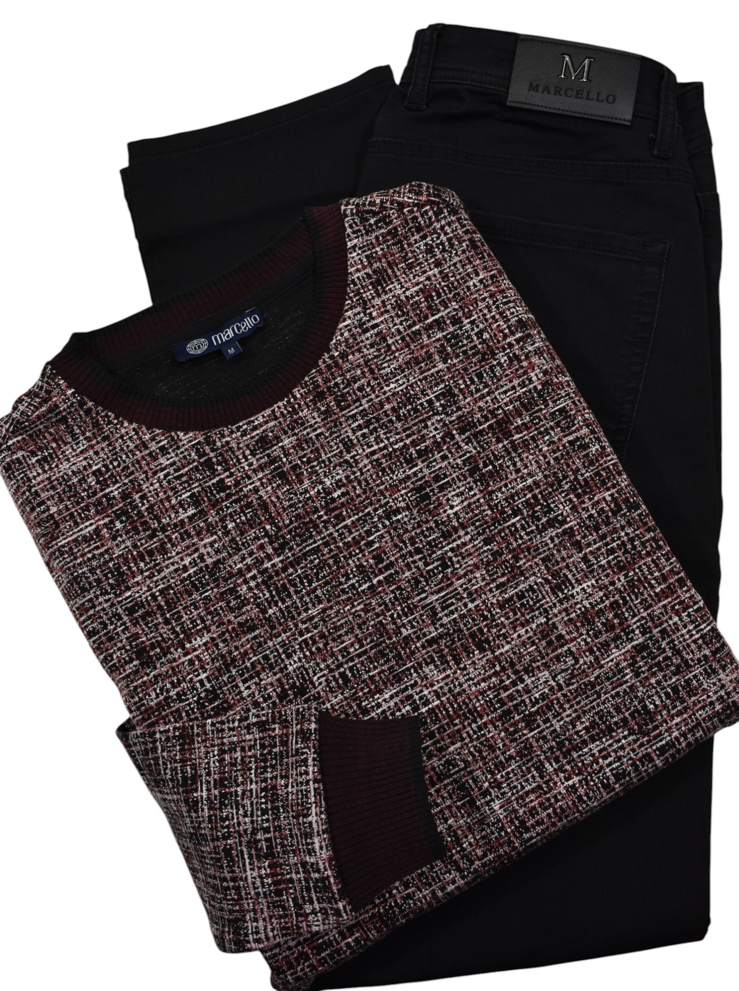 This classic crew neck sweater features a rich combination of ruby red, ivory and black, sweater by Marcello