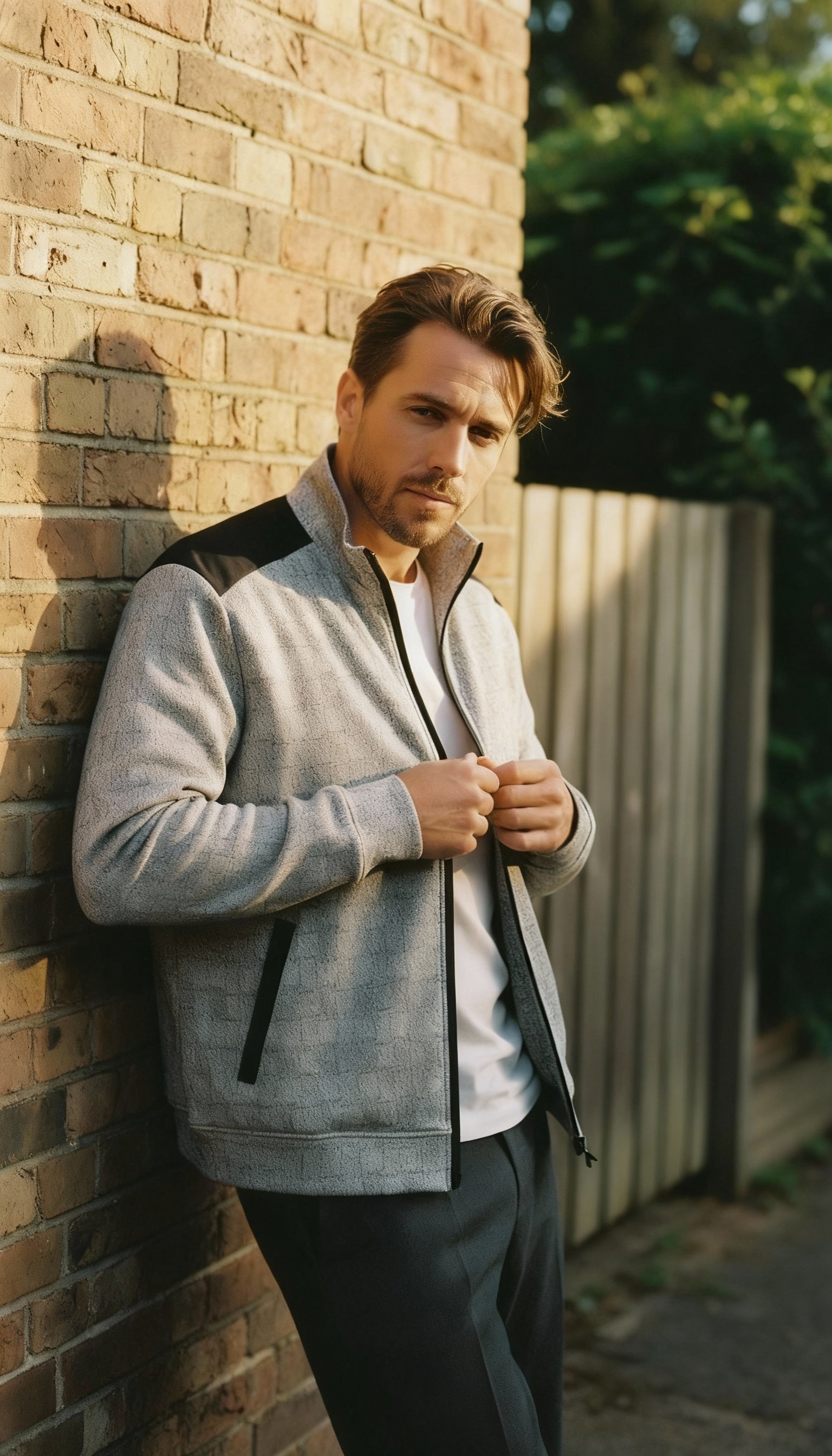 Marcello full zip cardigan mock neck in soft tan cotton blended fabric.