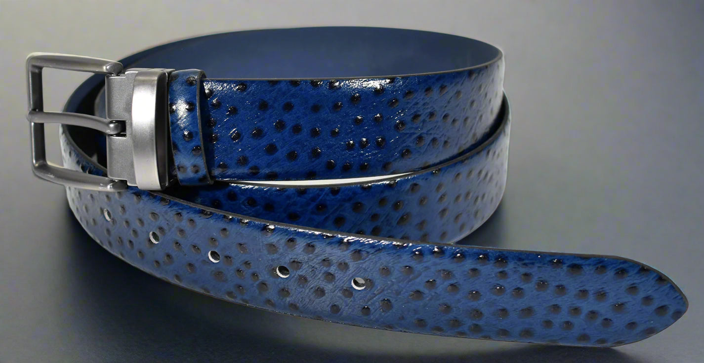 Marcello Men's navy leather ostrich stamped belt.