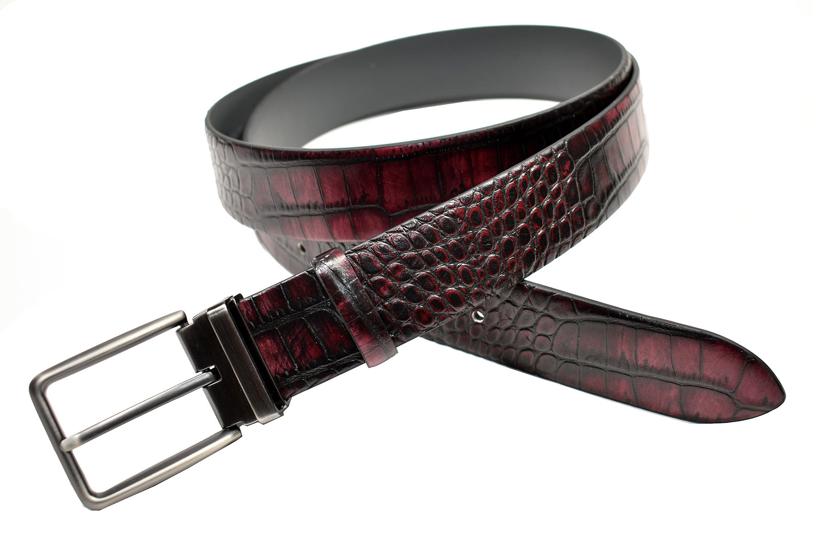 Marcello leather stamped croc belt in wine.
