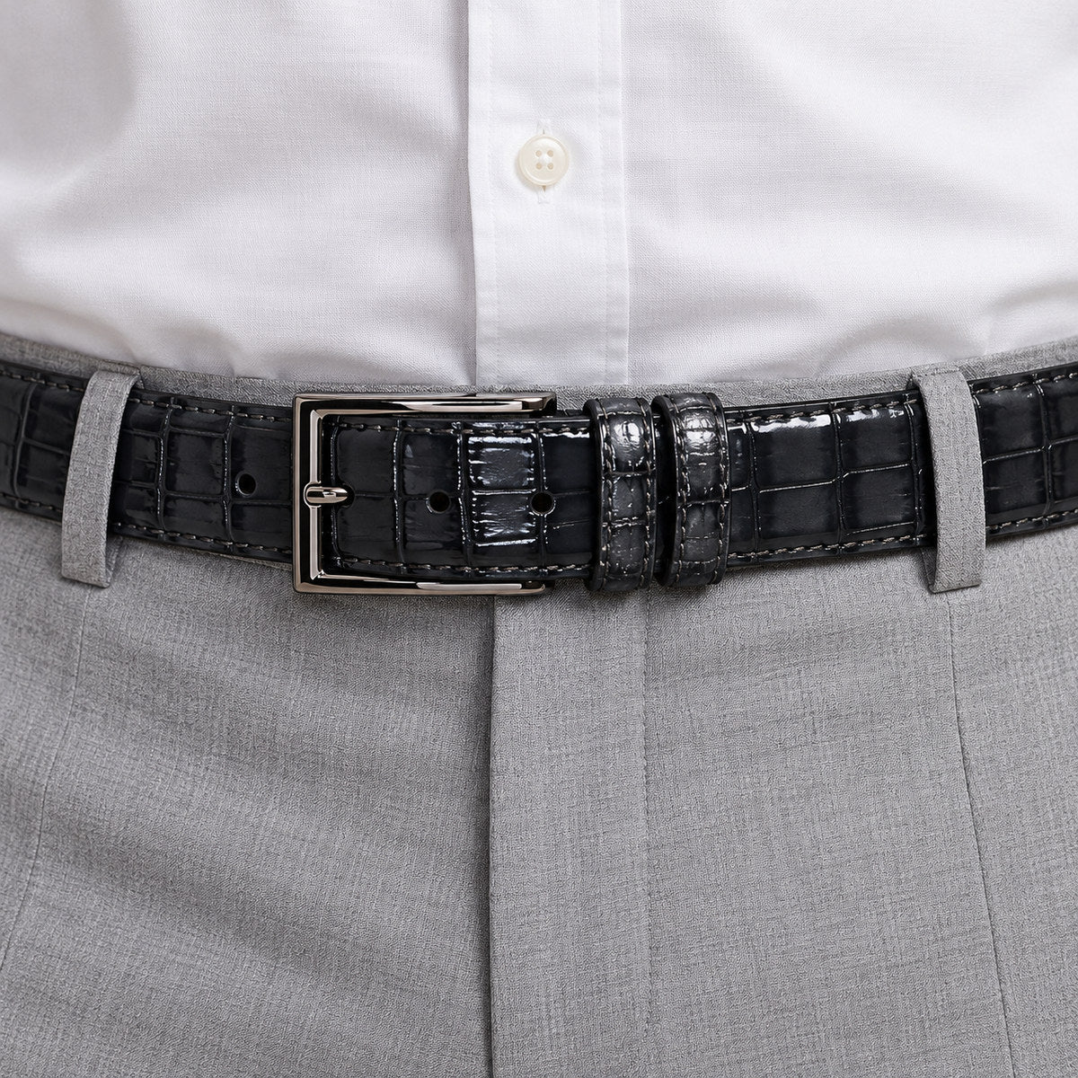 Marcello gray and charcoal croc stamped leather belt.
