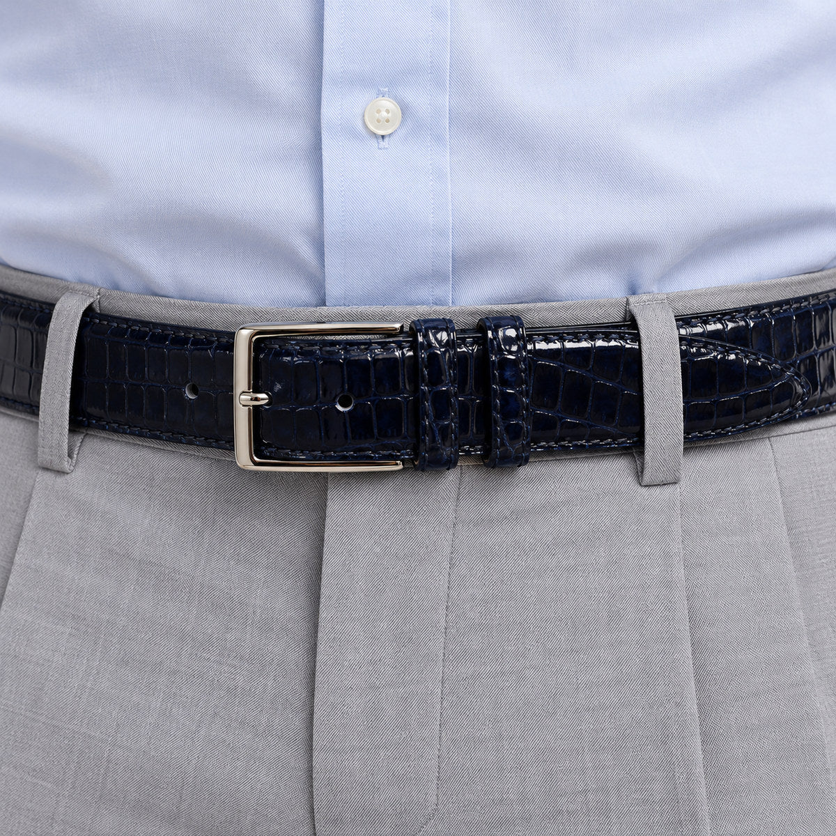 Marcello indigo and navy croc stamped leather belt.