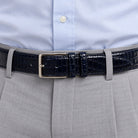 Marcello indigo and navy croc stamped leather belt.