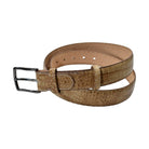 A Marcello tan leather belt with a crocodile-embossed texture and a silver-tone metal buckle, coiled on a plain white background.