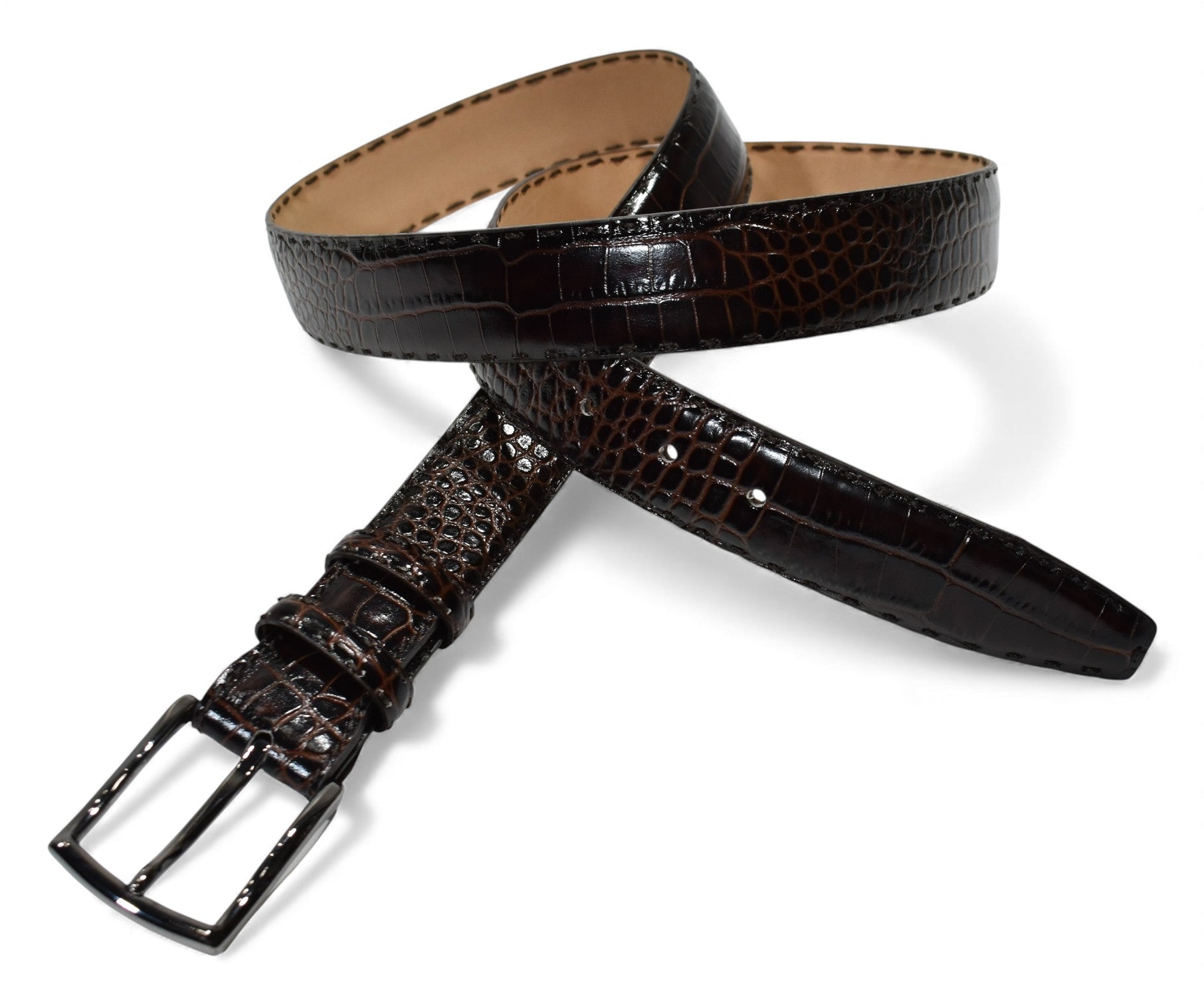 Marcello leather croc stamped belt in Chocolate.