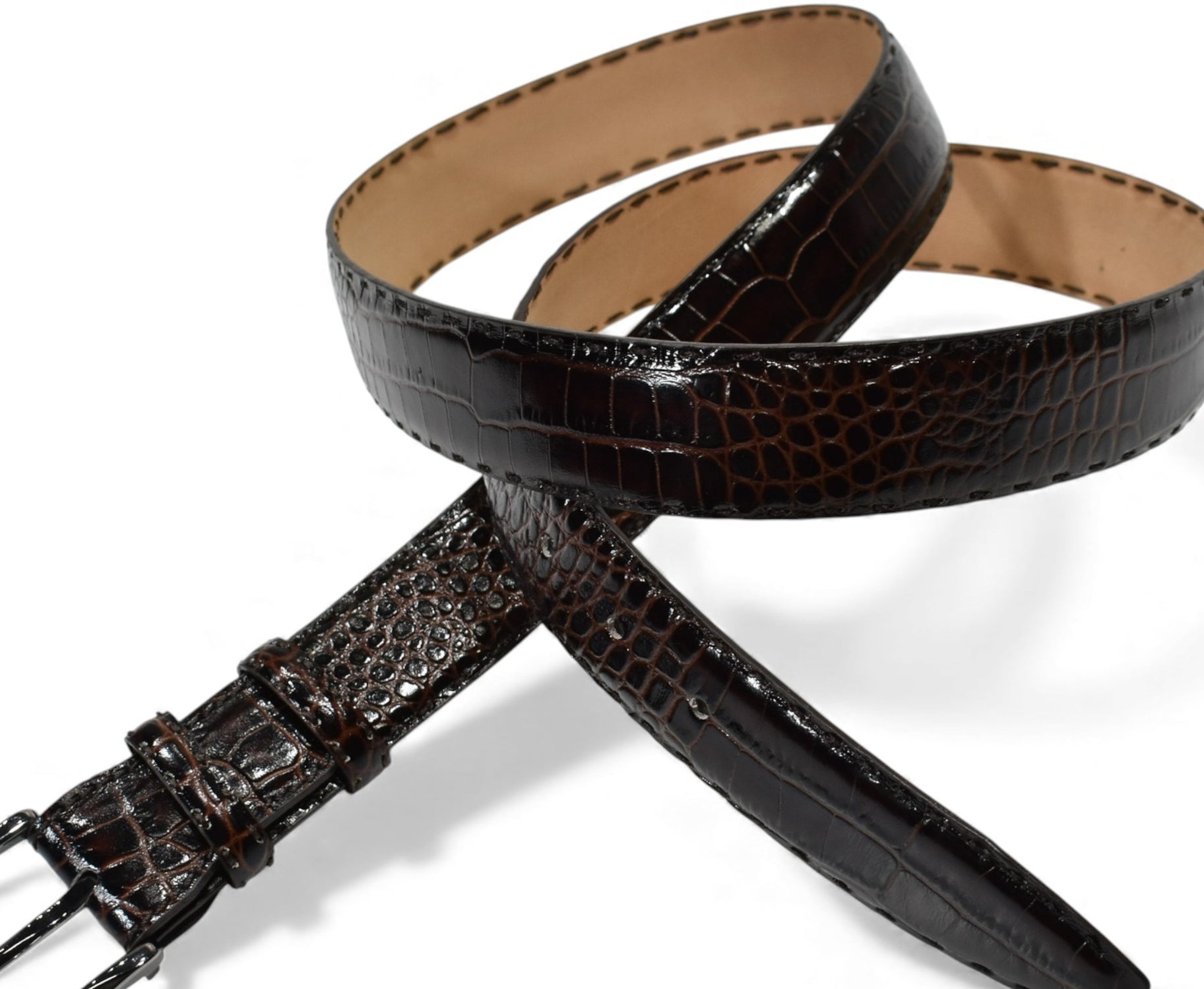 Marcello leather croc stamped belt in Chocolate.