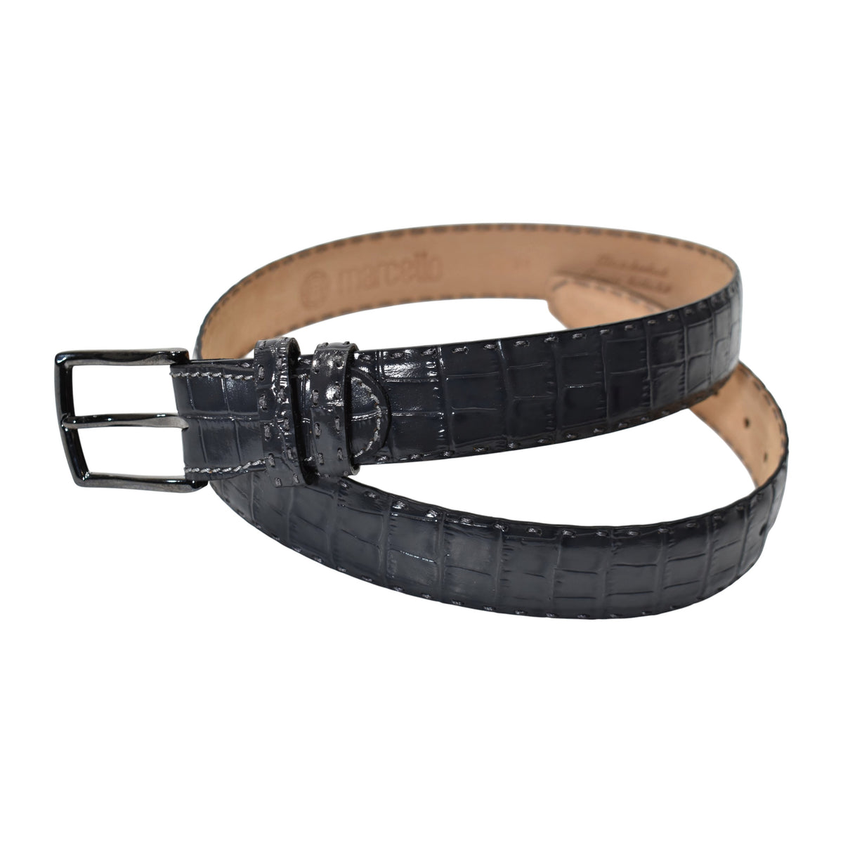 A Marcello charcoal crocodile-embossed leather belt with a silver-tone metal buckle, coiled on a solid white background.