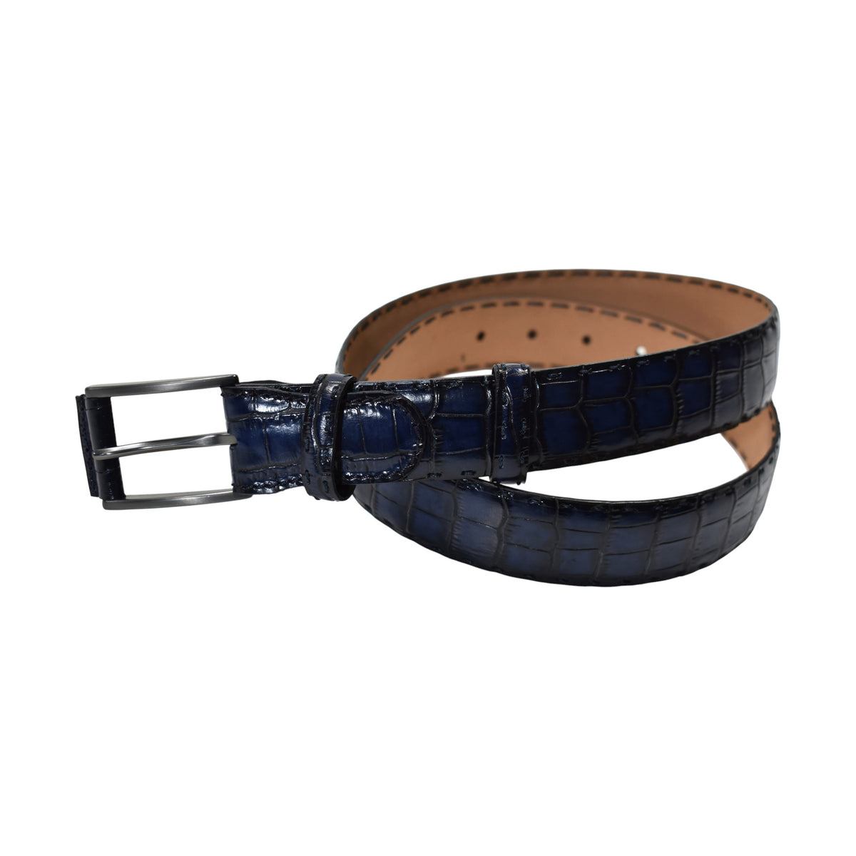 Marcello indigo and navy croc stamped leather belt.