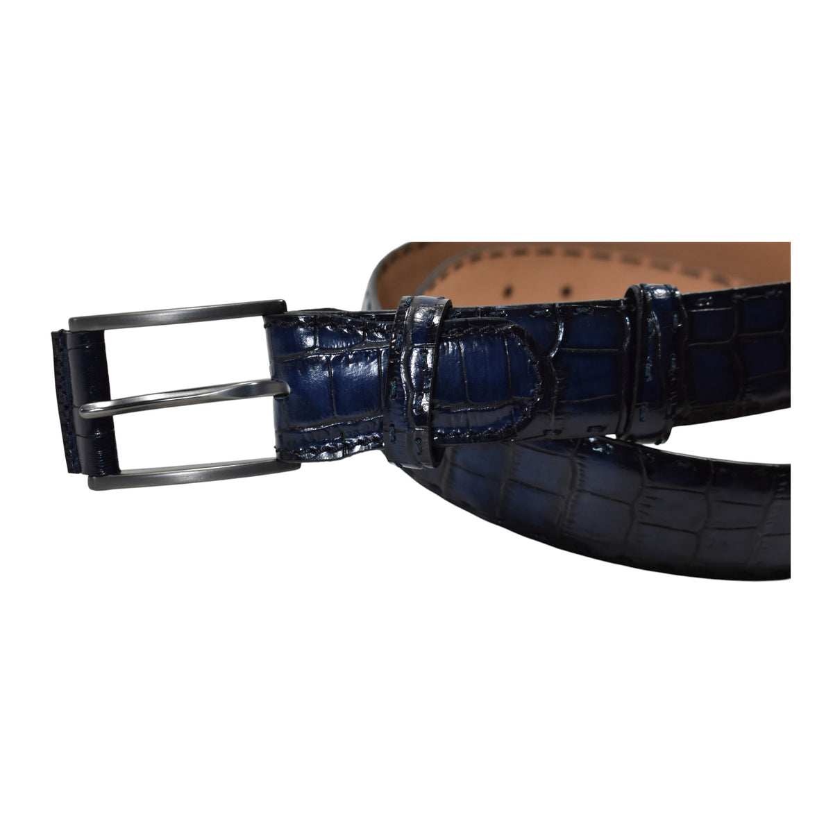 Marcello indigo and navy croc stamped leather belt.
