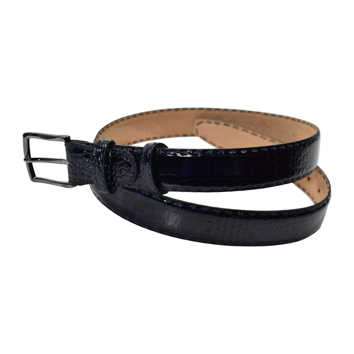 A Marcello dark blue crocodile-embossed leather belt with a silver-tone metal buckle, coiled on a plain white background.