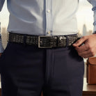 Marcello mens leather stamped gator belt in slate gray. Size 30-44
