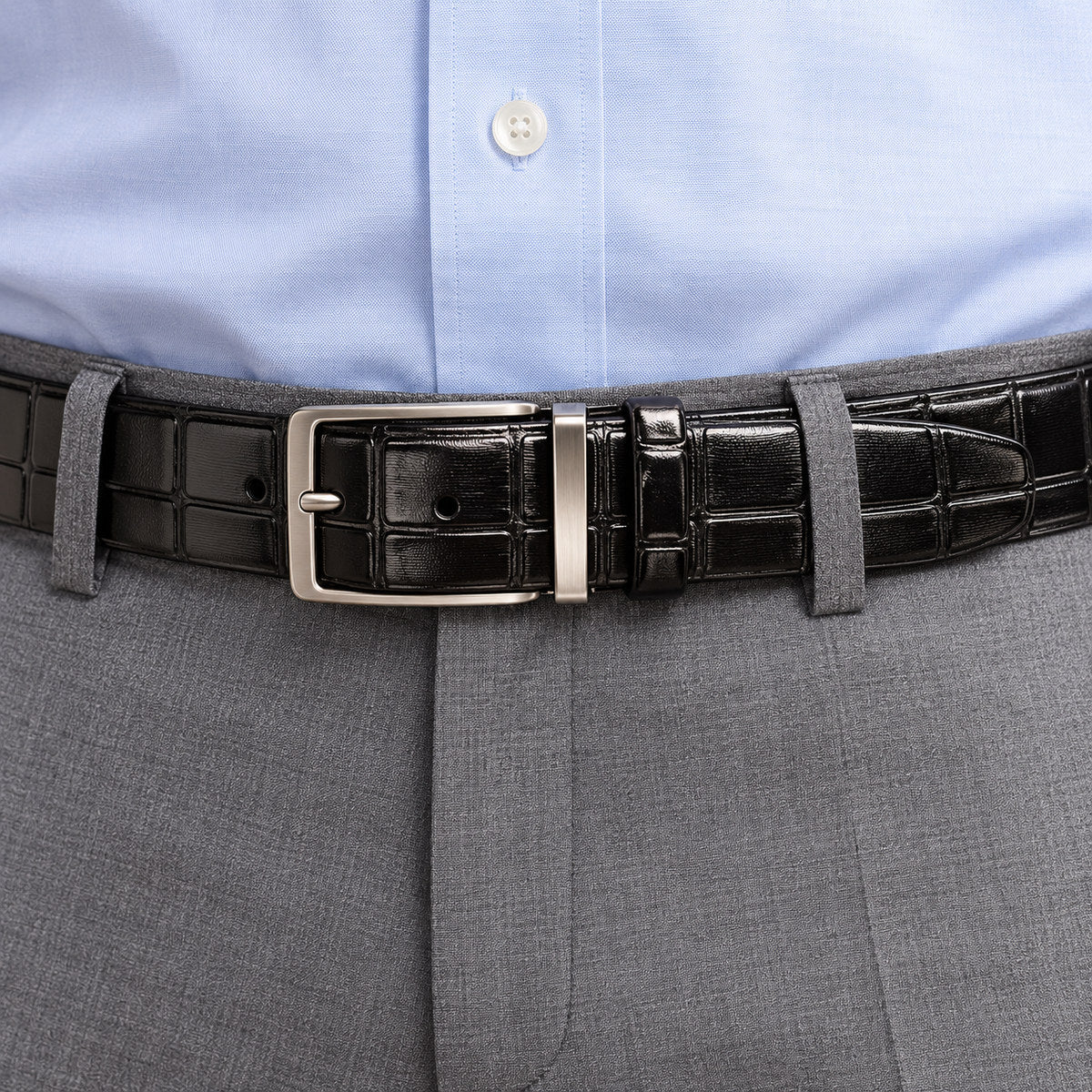 Pants or jeans are perfect for this crocodile stamped belt on glove leather. Soft glazed, polished buckle. Colors: Black, Chocolate  Men's Embossed Crocodile Belt by Marcello Sport.  Italian leather stamped and shaded. Satin nickel finished buckle. Imported. Sizes 30 - 44.