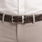 Outstanding horn back crocodile, stamped leather. An excellent choice for jeans, casual pants or even when dressed but need a little attitude. Fashion horn back crocodile, stamped leather men's belt with brushed nickel buckle by Marcello Sport.  Width: 40 mm or approximately 1 1/2 inches, sizes 30-44. Raised horn back style croc with excellent coloration. Satin nickel finished buckle. Premium leather. Sizes 30 - 44.