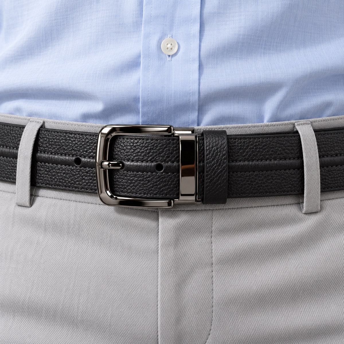 Leather pebble grain belt in black, chocolate and navy, by Marcello.
