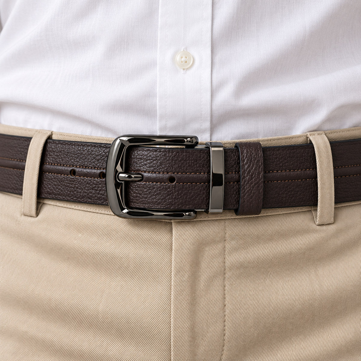Leather pebble grain belt in black, chocolate and navy, by Marcello.