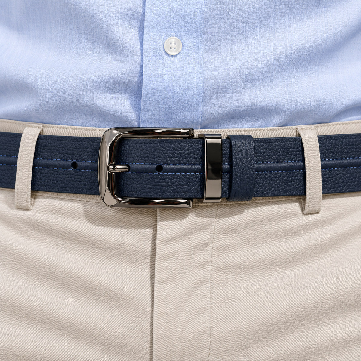 Leather pebble grain belt in black, chocolate and navy, by Marcello.