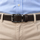 Marcello black leather belt, fine pebble grain, reverse and edges in aqua blue.
