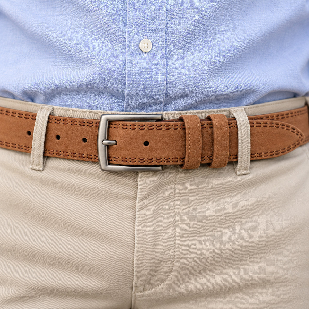 Santa Fe Suede Stitched Belt by Marcello in rich cognac.