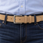 Santa Fe Suede Stitched Belt by Marcello in classic camel.