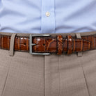 Marcello glazed leather croc belt in mocha and brown.