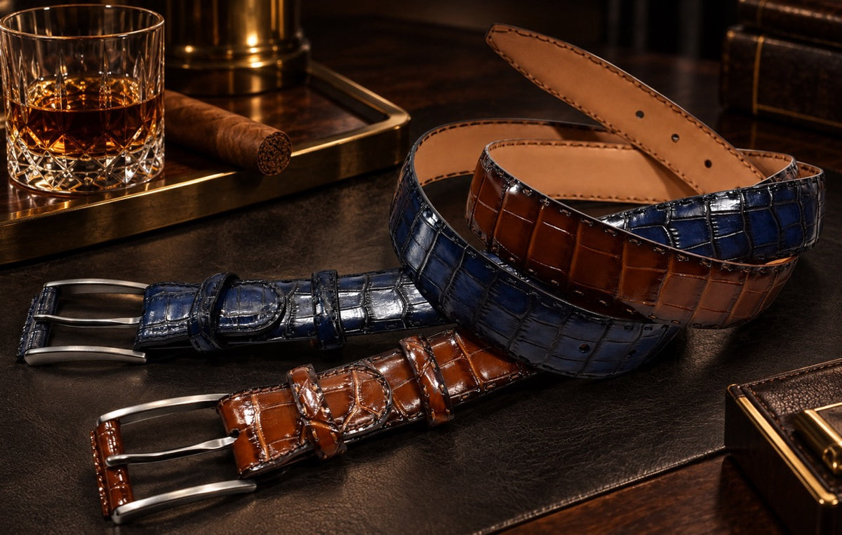 Marcello glazed leather croc belt in indigo and cognac.