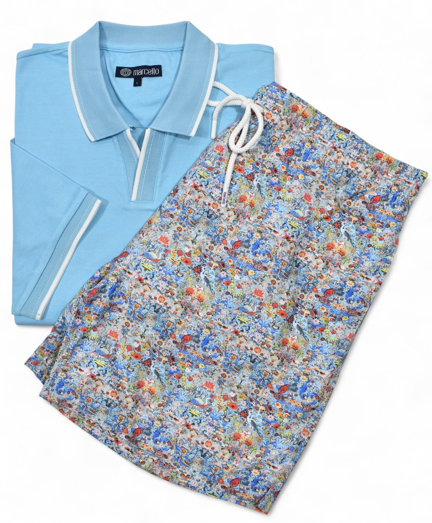 Light blue polo shirt and floral shorts on a white background by Marcello