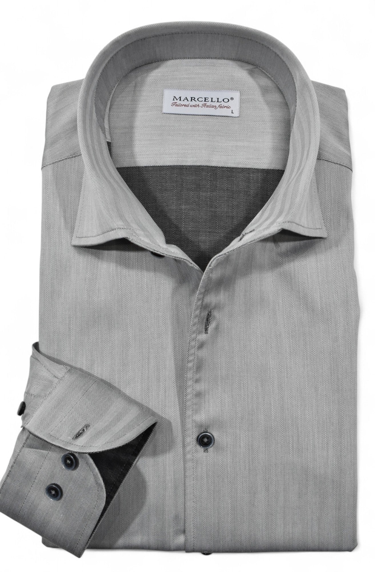 Impeccable craftsmanship and ultra soft cotton make this rich, sophisticated silver herringbone pattern a must-have. Shirt by Marcello.