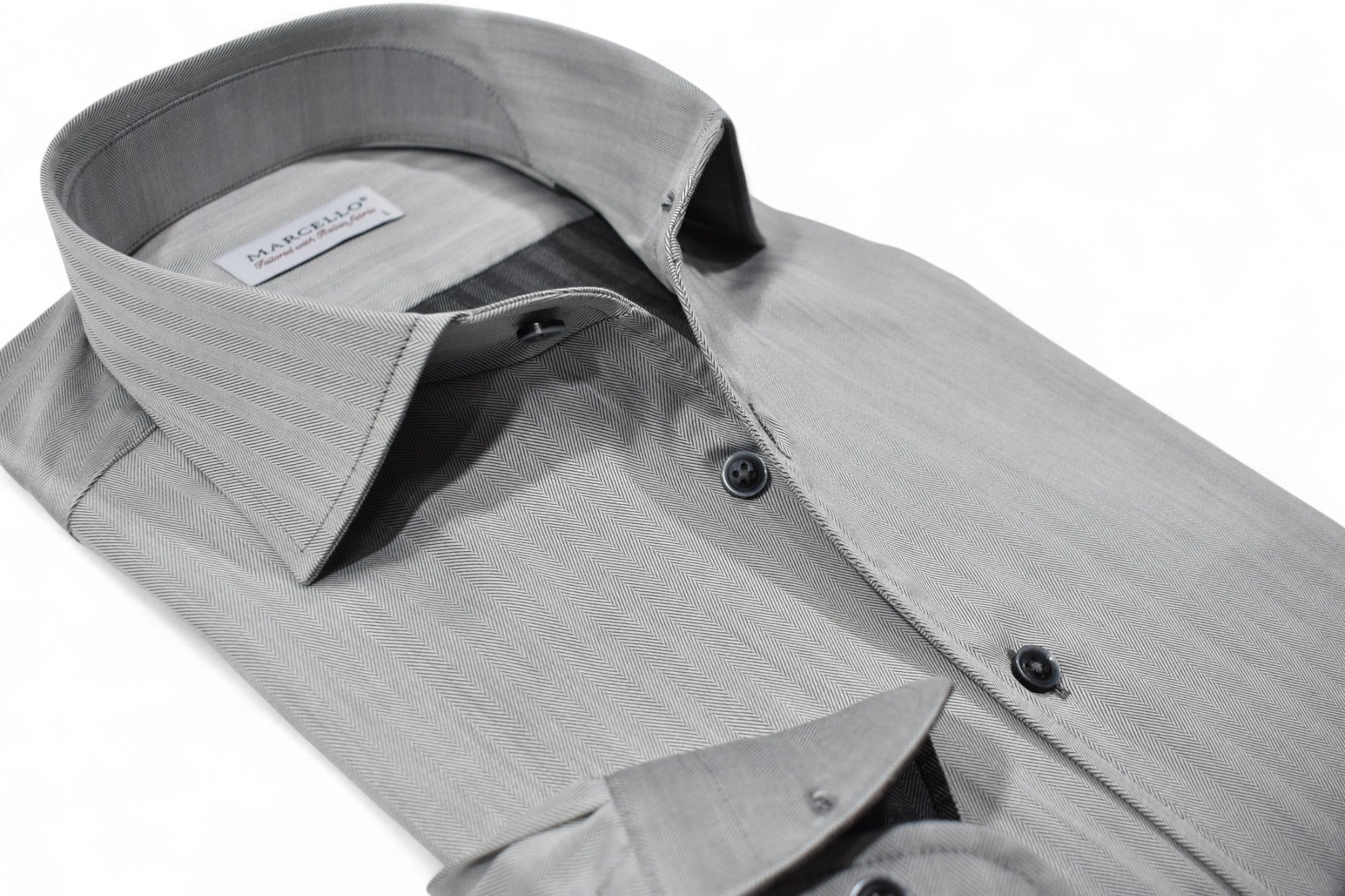 Impeccable craftsmanship and ultra soft cotton make this rich, sophisticated silver herringbone pattern a must-have. Shirt by Marcello.