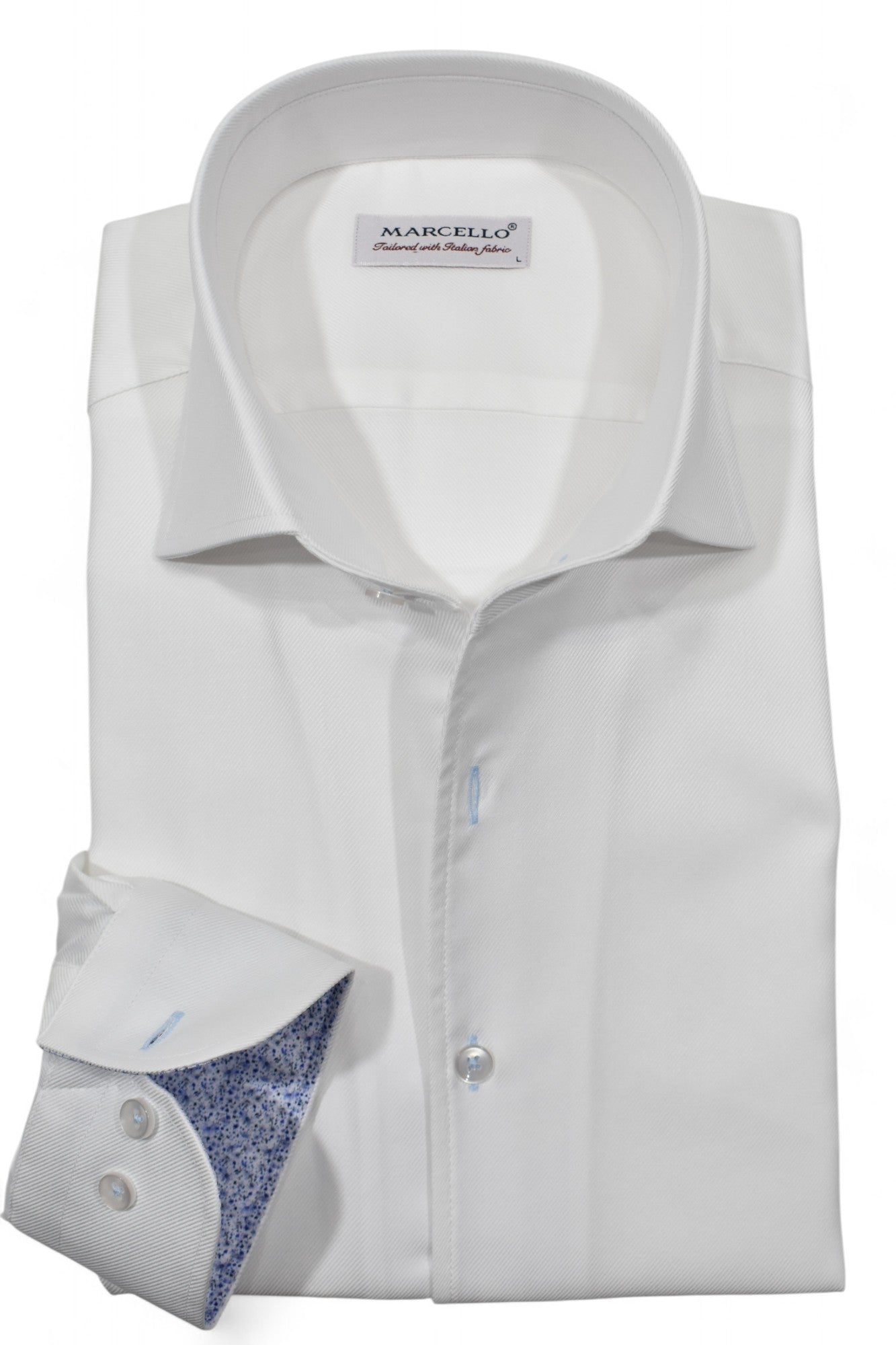 Impeccable craftsmanship and ultra soft cotton make this rich, sophisticated white twill pattern a must-have. Shirt by Marcello.