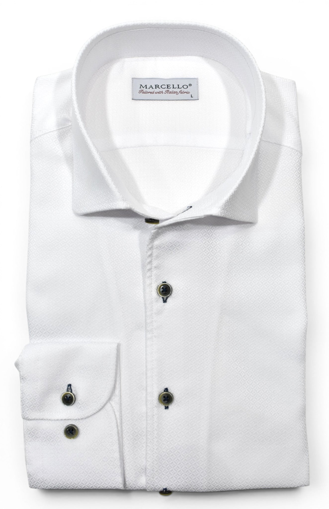 Marcello tonal white shirt custom button.