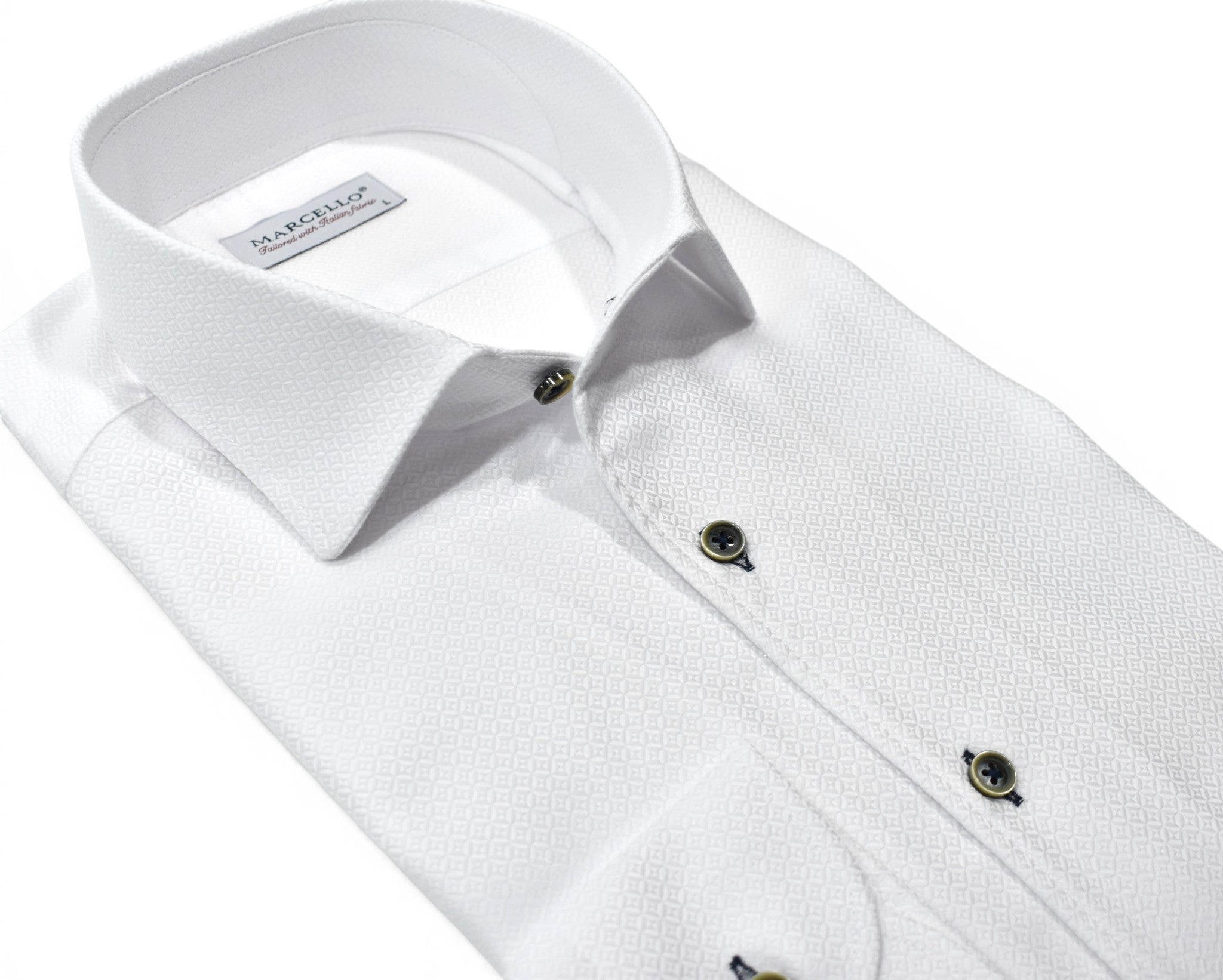 Marcello tonal white shirt custom button.