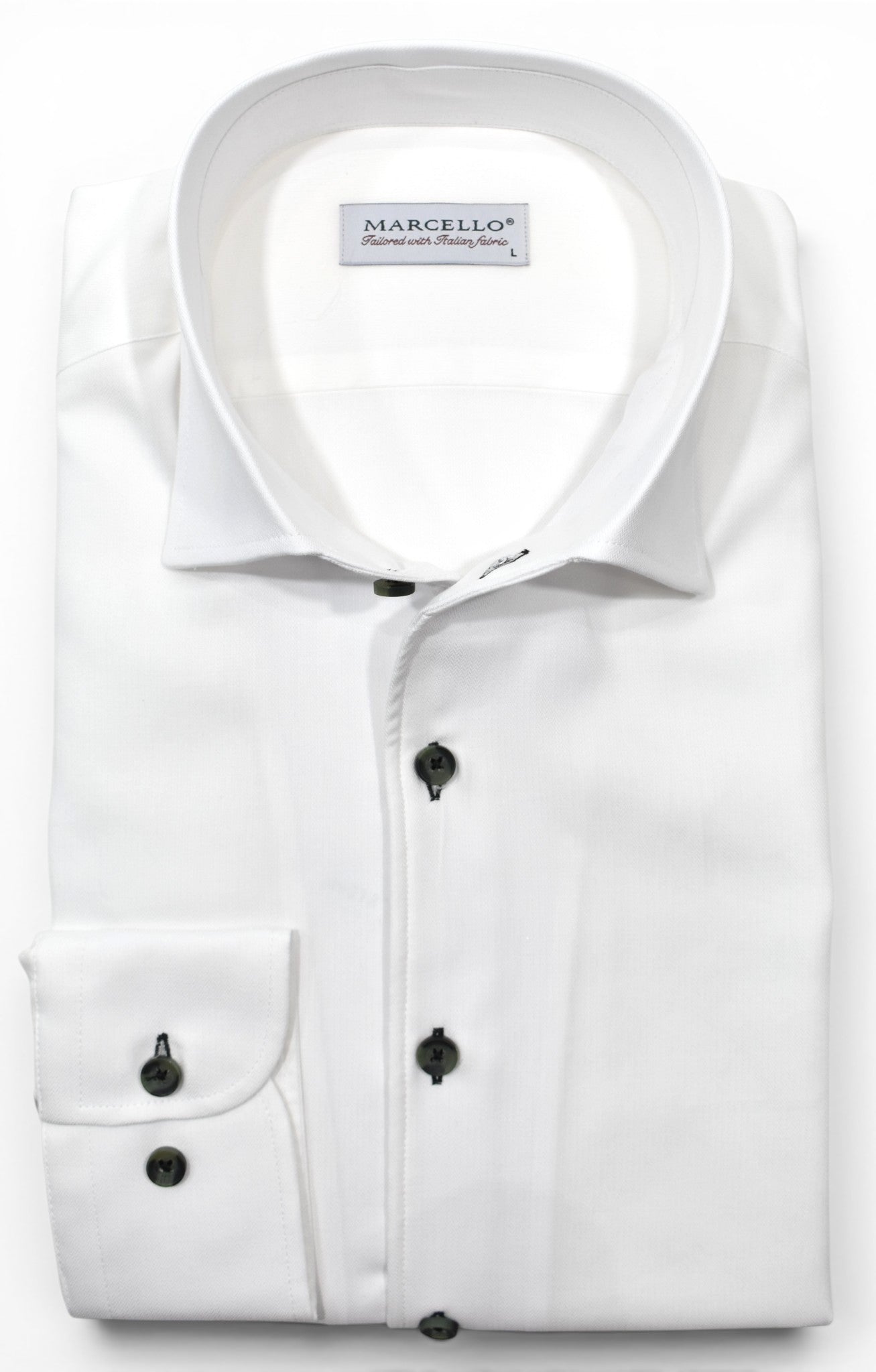 Marcello tonal white shirt custom button.
