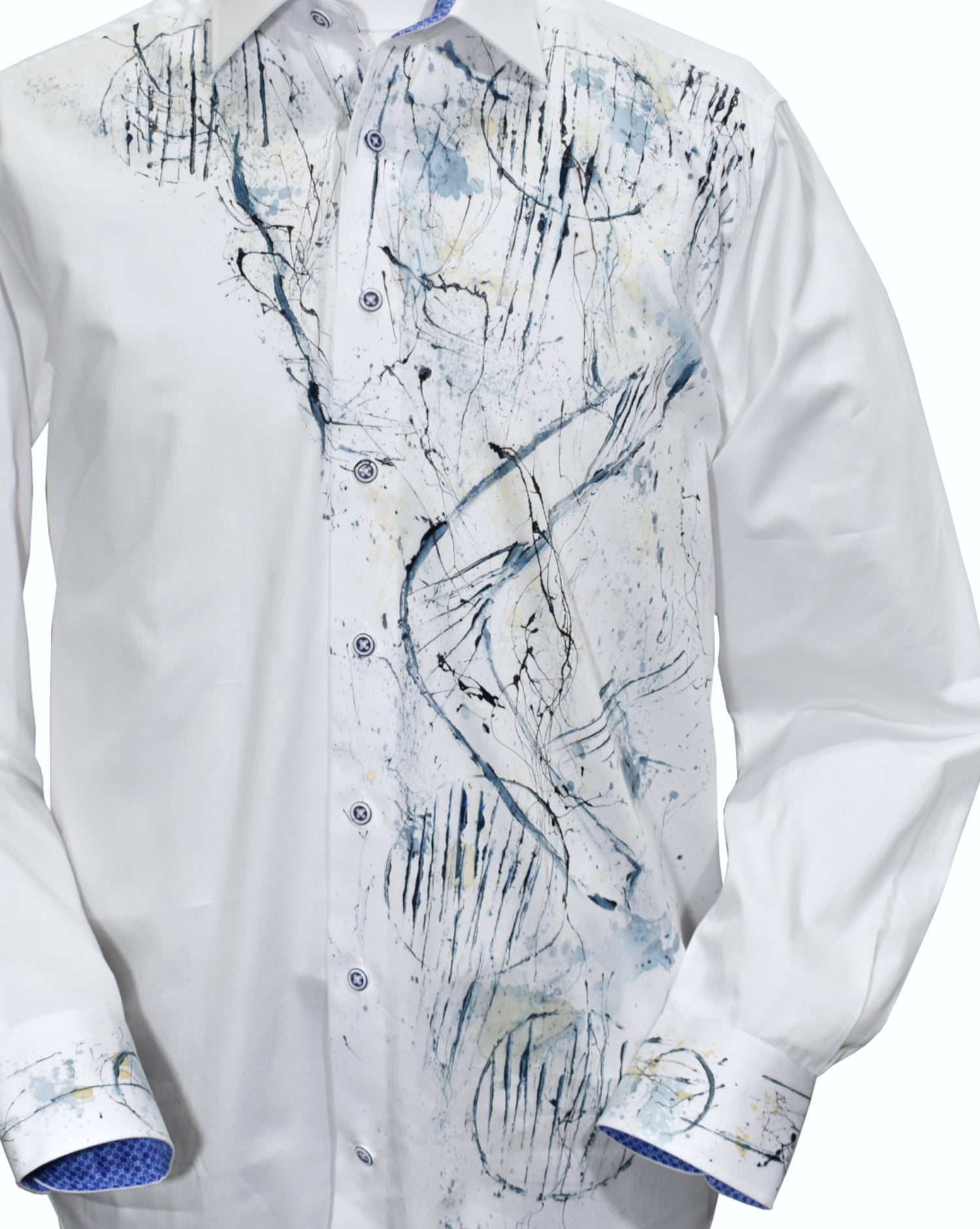Marcello's exclusive W618P Abstract Geometric Hand Painted shirt series. Made from luxurious cotton sateen, each piece is individually hand painted by our skilled artist, ensuring a one-of-a-kind piece. The stunning combination of blue shades and abstract geometric patterns will elevate any bedroom with an elegant touch.