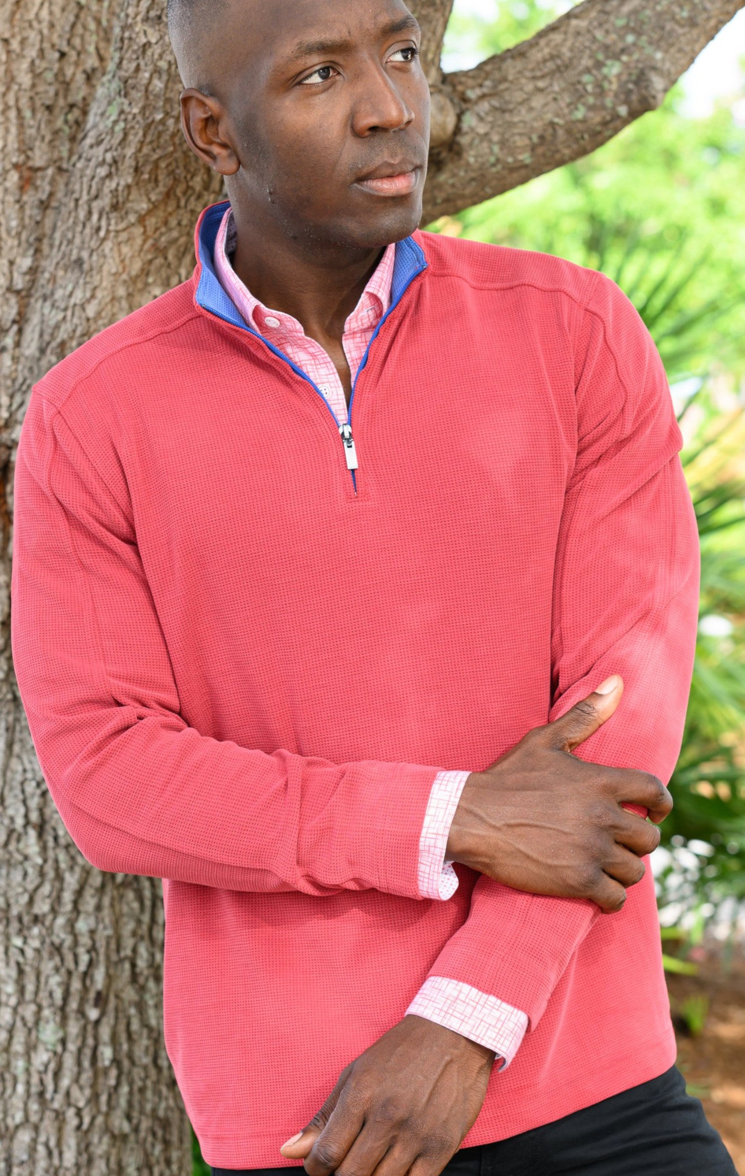 Look sharp in any occasion with this cool 1/4 zip model. Crafted from polynosic fabric, its perfect weight and feel pair perfectly with its waffle weave textured fabric and classic fit. Choose from Red, Navy, and Blue to make a bold statement.
