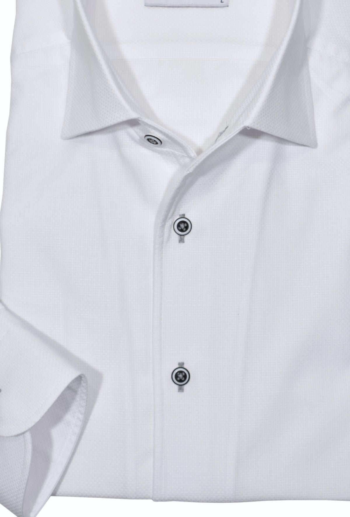 Look your best in this timeless Marcello roll collar shirt. The solid white cotton fabric with a luxurious textured effect is complemented with contrast white and black buttons and finished with black stitching for a stylish look.