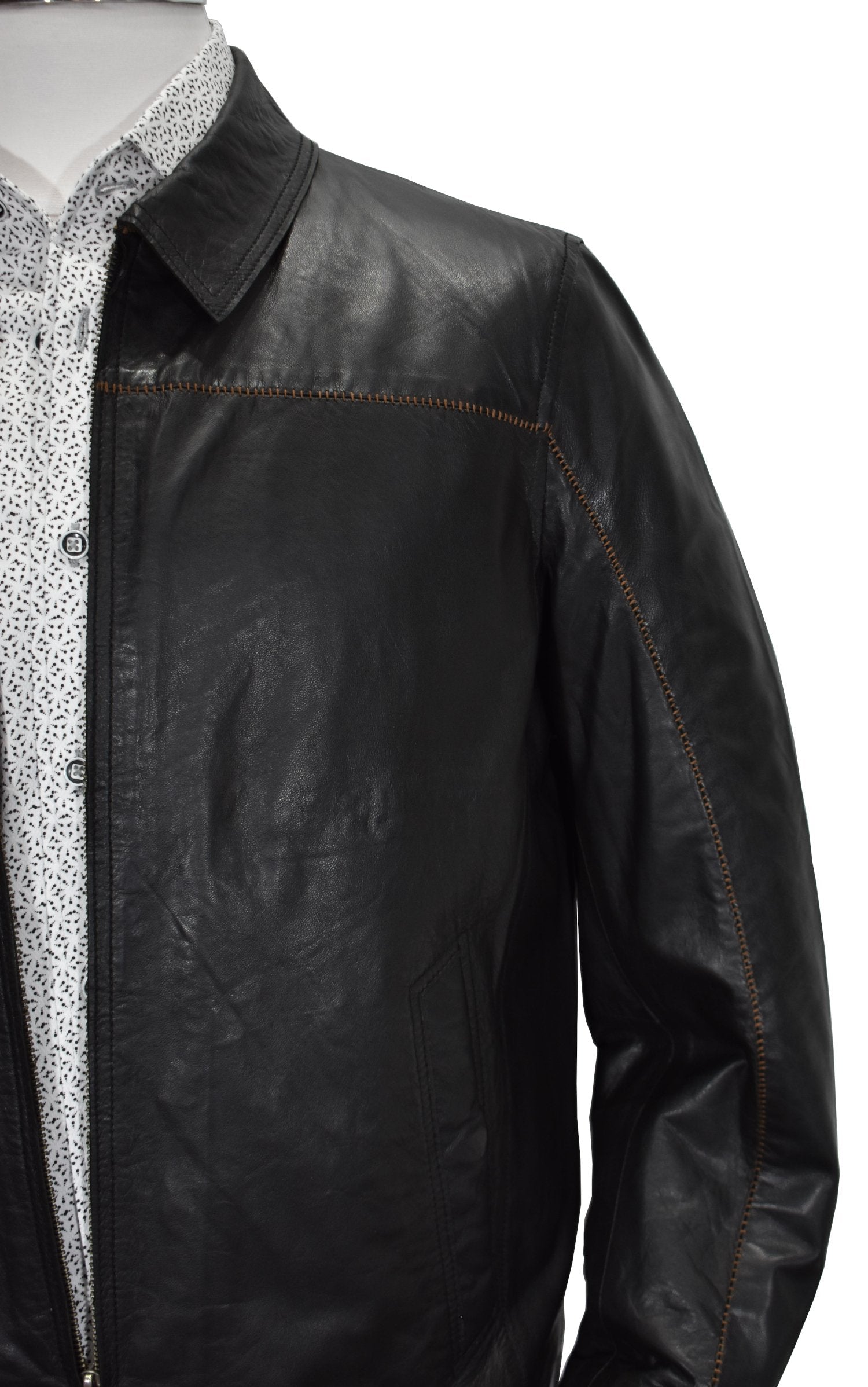 Upgrade your layering image with the Marcello J104 Furrier Sport Leather jacket. Made exclusively by Marcello, this lightweight jacket features a classic polo collar and custom hand-stitched furrier detailing. Fashionable, yet functional, the soft and cool washed leather comes in a variety of colors with contrast stitching. Elevate your style game with this must-have piece.