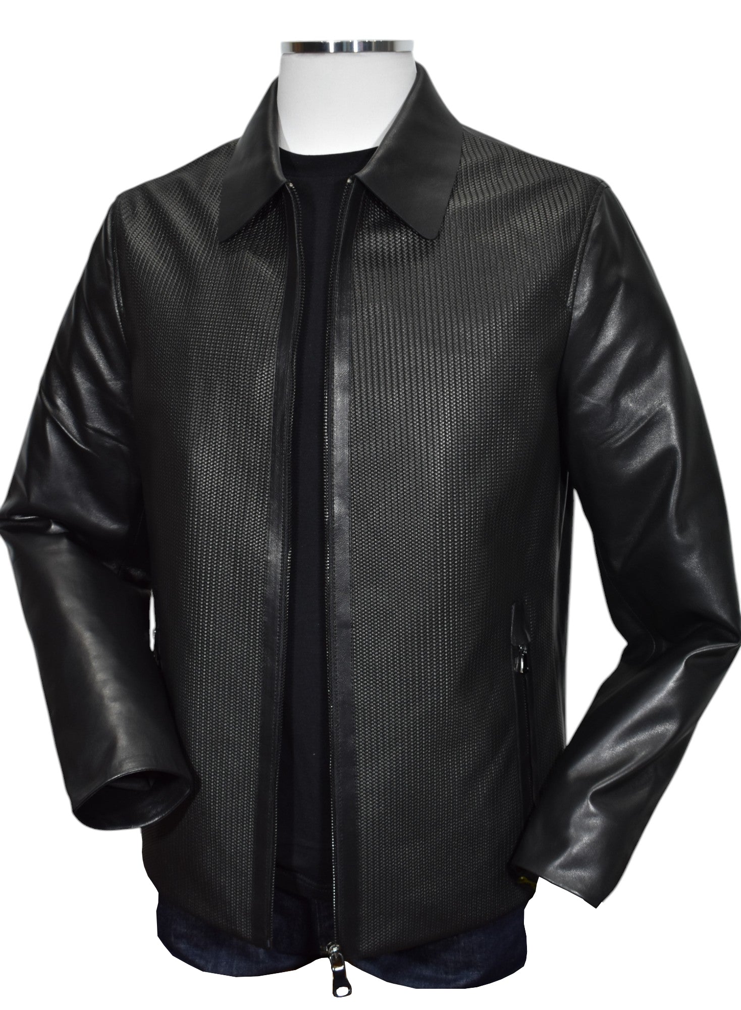 Experience the ultimate in style and comfort with our Marcello Black Chainlink Leather Coat! 