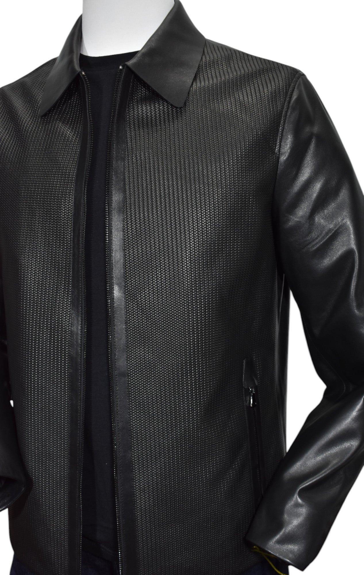 Experience the ultimate in style and comfort with our Marcello Black Chainlink Leather Coat! 