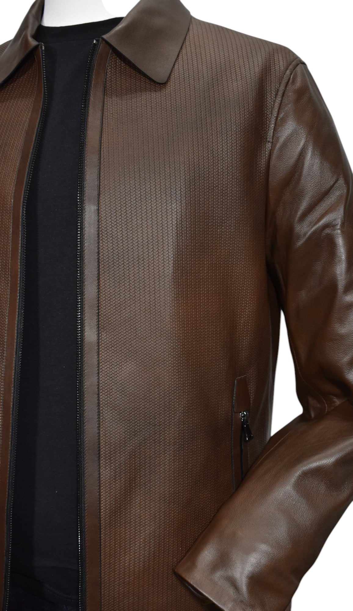 Experience the ultimate in style and comfort with our Marcello Chocolate Chainlink Leather Coat!