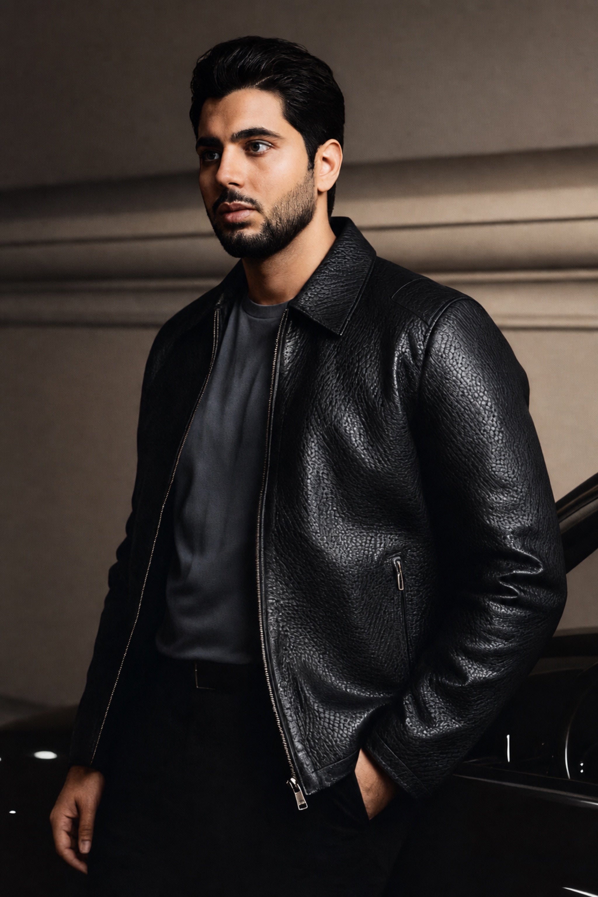 Marcello black pebble grain leather jacket.