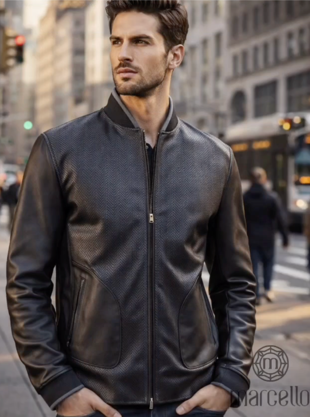 Marcello black chevron stitched leather.