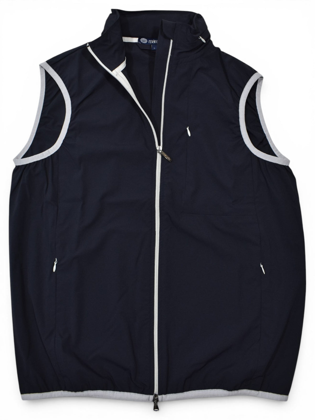 Marcello navy two way zip vest.