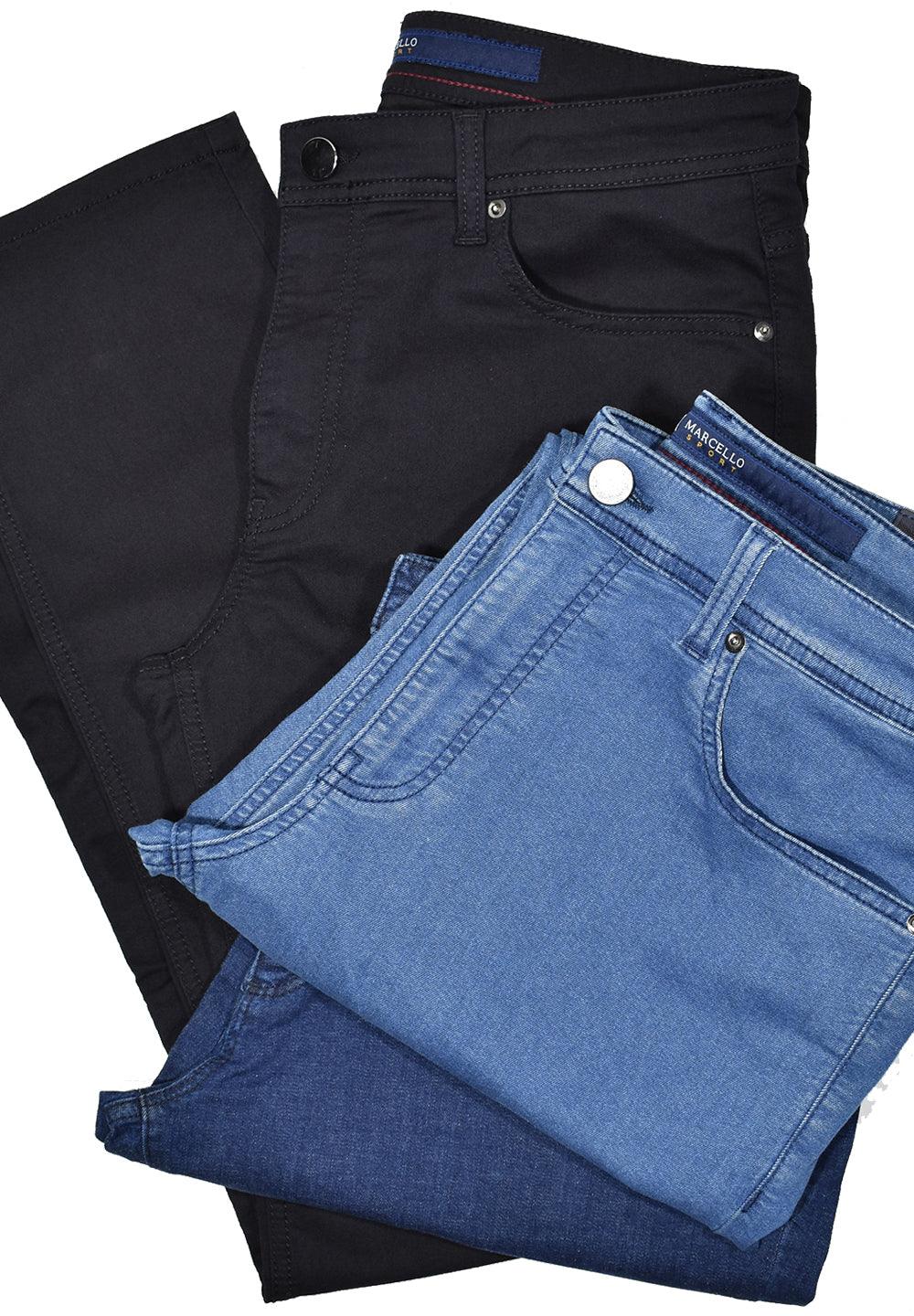 Our lightest 5 pocket jean model feels great on and features stretch fabric to work with your natural movements. Comfort fit waist and seat, slightly slimming down the leg for a contemporary look. Feels like a light weight pant with the benefits of stretch and in a casual jean model. Cotton and lycra, imported. Colors: Black, Denim, Navy  By Marcello Sport